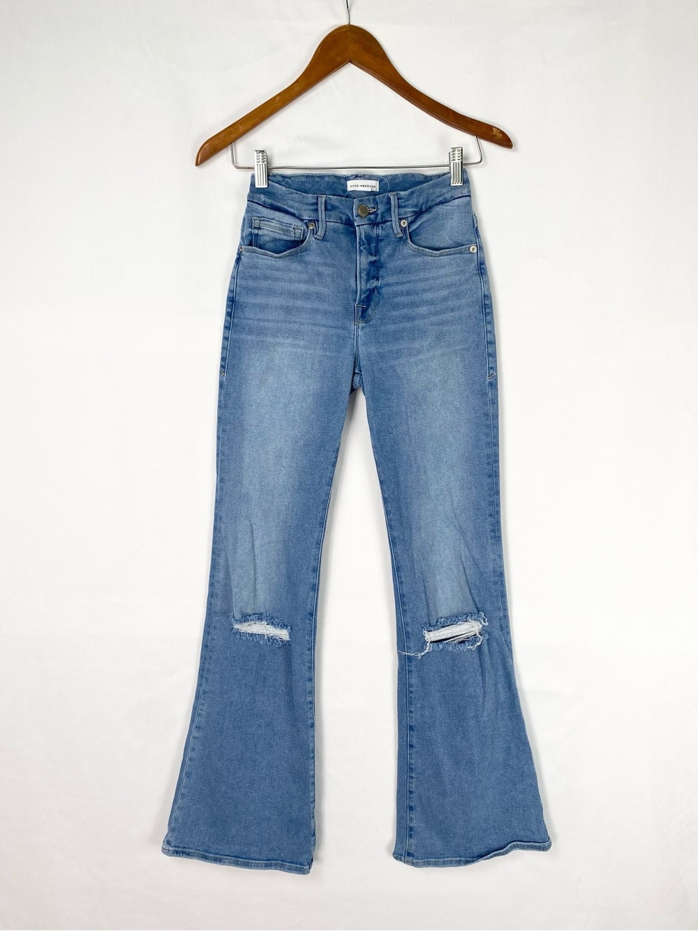 Good American Good Legs Crop Mini Boot‎ Blue619 Distressed Size 0/25 Stretch